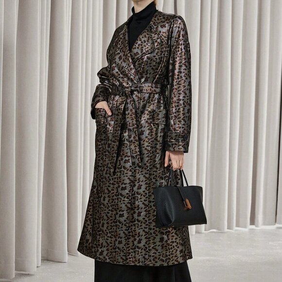 Multicolor Elegant Women's Leopard Print Faux Leather Trench coat / Jacket - Picture 1 of 8